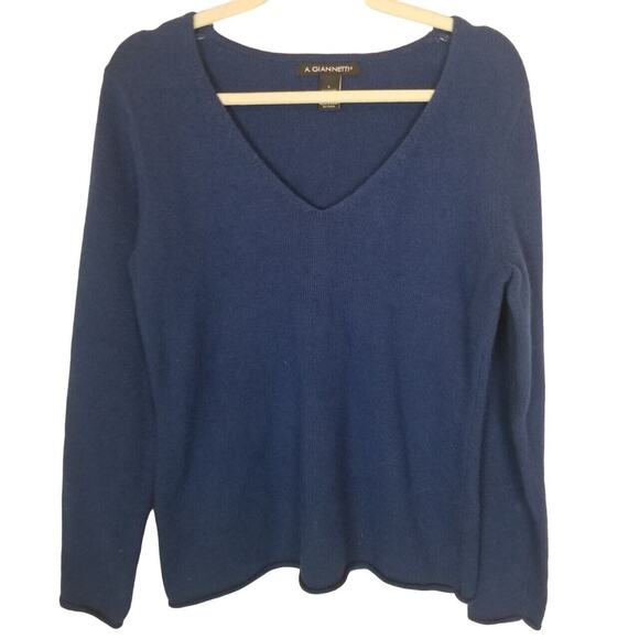 A Giannetti Womens Wool Angora V-Neck Sweater Sz L Minimalist Quiet Luxury Navy - Picture 1 of 7